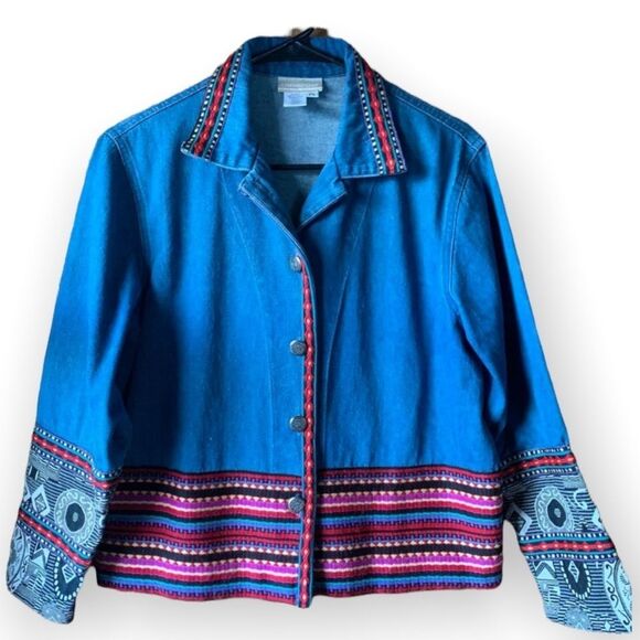 Coldwater Creek Boho Tapestry Braided Denim Jacket | Women Size Petite Small - Picture 1 of 10